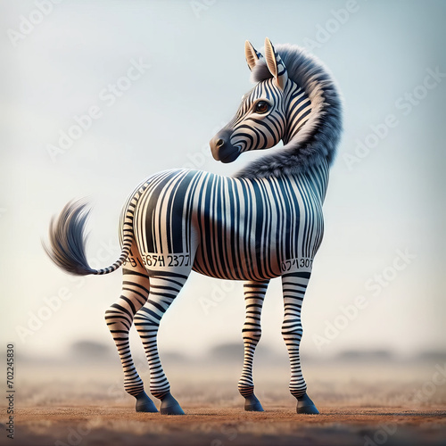 A whimsical, animated style zebra with stripes that transition into barcode lines. photo