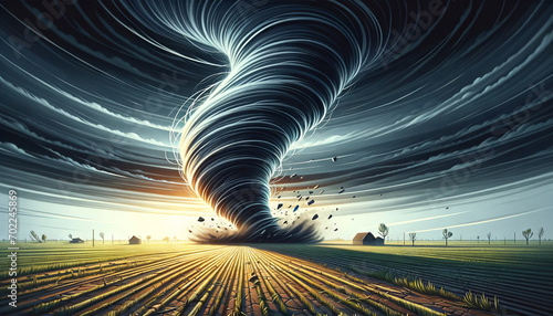 A whimsical and animated art style depiction of a dramatic tornado in an open field.