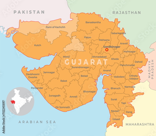 Gujarat district map with neighbour state