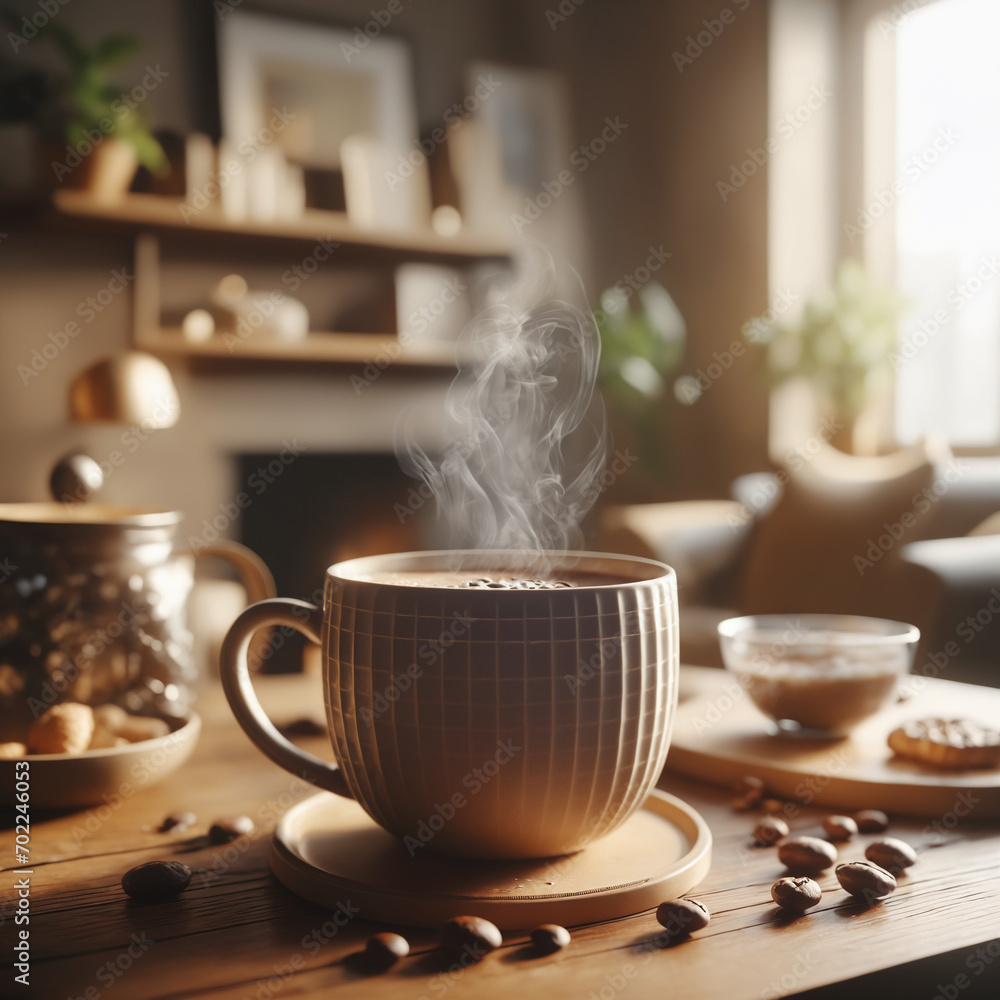 Obraz premium Steaming cup of aromatic coffee sits on a rustic table in a cozy home, its warmth inviting, and the rich aroma filling the air with comfort.