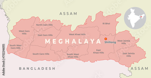 Meghalaya district map with neighbour state and country photo