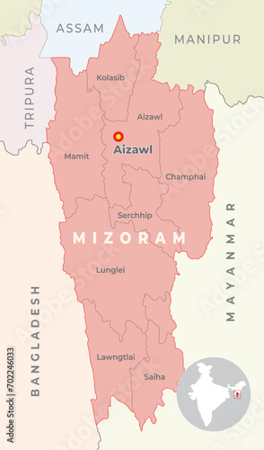 Mizoram District map with neighbour state and country