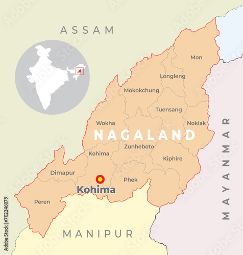 Nagaland District map with neighbour state and country