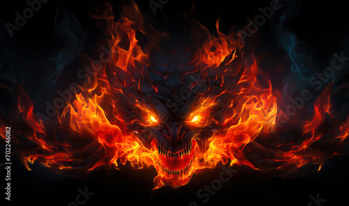 Fiery demon. Mystical monster in fire on dark background.