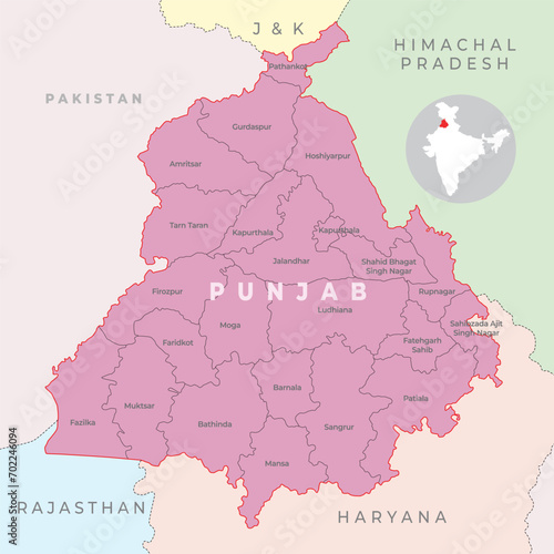Punjab district map with neighbour state and country