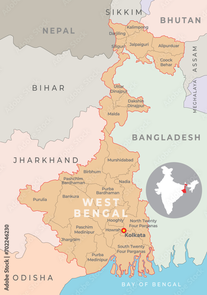 West Bengal district map with neighbour state and country - obrazy, fototapety, plakaty 
