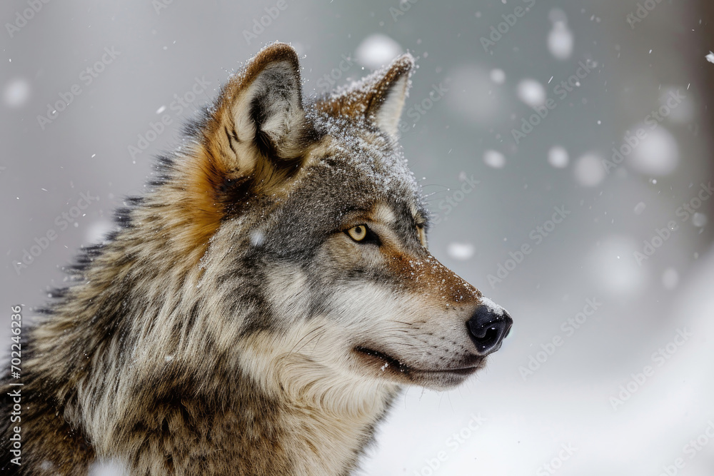 The fierce beauty of a lone gray wolf against the backdrop of a snowy wilderness