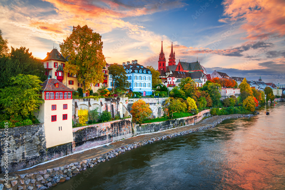 Obraz na płótnie Basel, Switzerland on the Rhine River at Dusk in Autumn w salonie