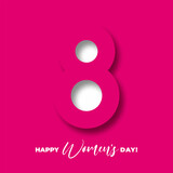 March 8 symbol in paper cut style with shadows. International Women's day pink background. Place for your text.