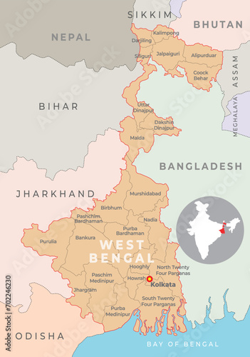 West Bengal district map with neighbour state and country
