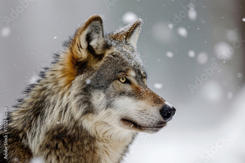 The fierce beauty of a lone gray wolf against the backdrop of a snowy wilderness © Venka