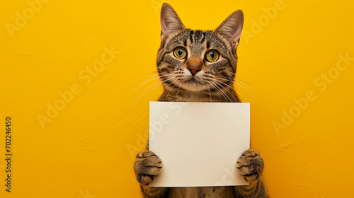 Feline Message Bearer: Ideal for Advertising and Pet-Related Promotions, Featuring a Cute Cat with Blank Paper.