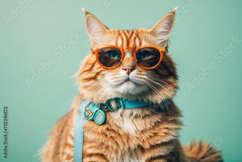 Closeup portrait of funny ginger cat wearing sunglasses isolated on light cyan. Ai Generative