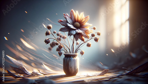 A whimsical, animated art style depiction of a close-up of a withered flower in a vase, symbolizing fading joy. photo