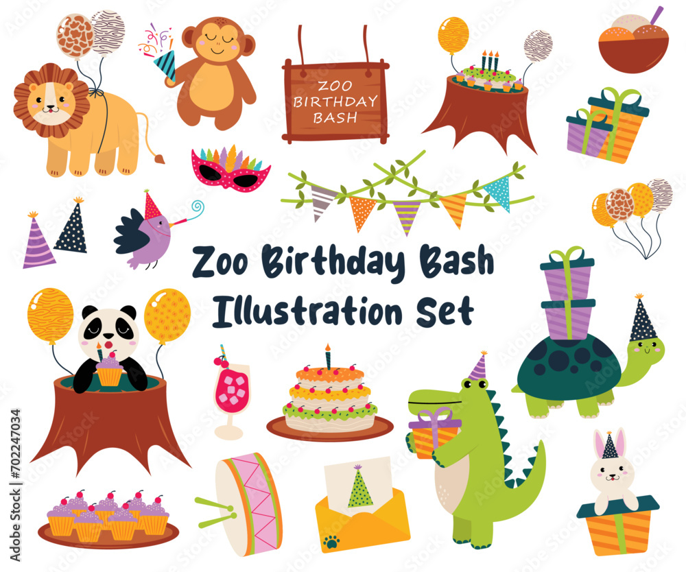 Fototapeta premium Set Vector of Zoo Birthday Illustration