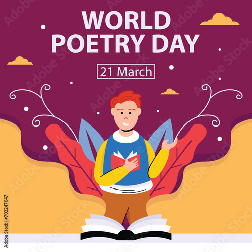 illustration vector graphic of a book shows a person reading poetry, perfect for international day, world poetry day, celebrate, greeting card, etc.