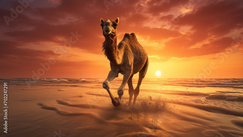 Golden Horizon Hump: Coastal Camel at Sunset