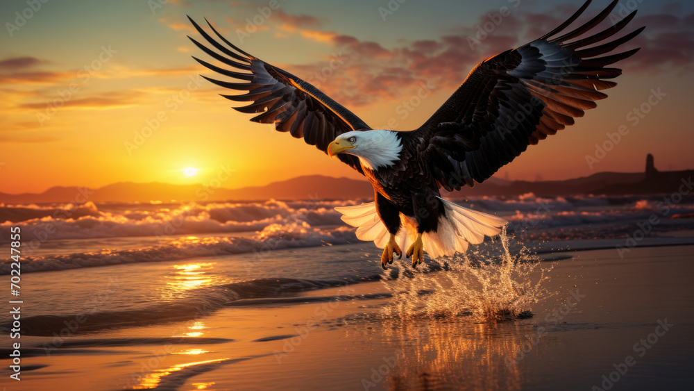 Obraz premium Aerial Harmony: Bird Soaring at Sunset Beach