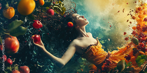 a lady with her hair thrown in the air in a fruity scene, concept of Using vitamin and fiber supplements helps promote health and youth