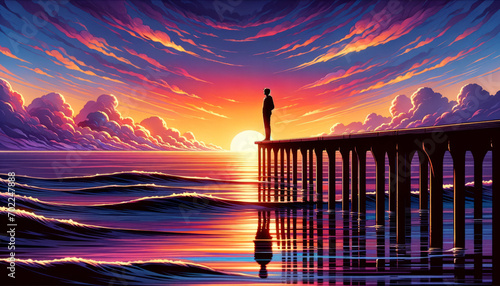 A whimsical, animated art style depiction of a silhouette of a person standing at the end of a pier, looking out at the ocean during sunset.