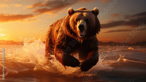 Golden Grizzly Tale: Coastal Bear Amidst a Magical Sunset © Andrii