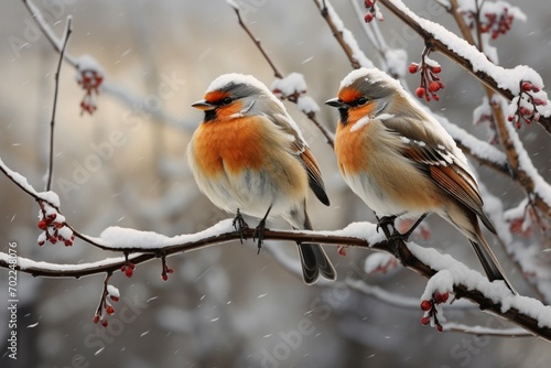 Snowy aviators birds on snowy branches showcase resilience, winter ecosystem synergy