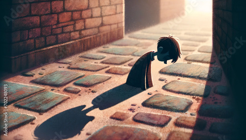 A whimsical, animated art style depiction of a person's shadow on the ground, with their head hung low.