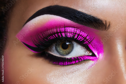 Close-up of a woman's eyes with hot pink eye shadow. Generative AI