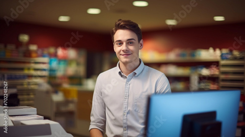 Portrait of young attractive confident cashier smiling behind the super market counter, showcasing the pleasant, diverse shopping experience for customers photo