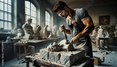 A sculptor in his late 30s, with an intense focus and creative passion, is chiseling away at a large block of marble in his studio. photo