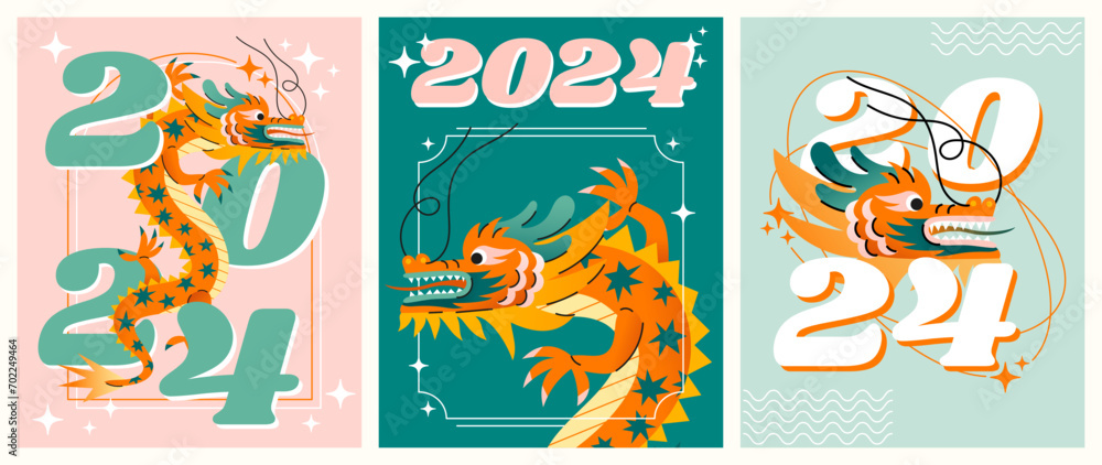 2024 Chinese Dragon Lunar New Year card, banner. Festive vector illustration. Chinese greeting design. Hand drawn Asian style abstract geometric dragon. 