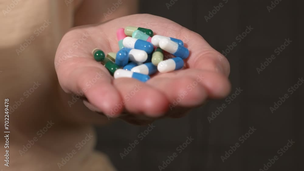 Lady pours pills into hand from a jar. A view of female hands pouring drugs into her hands from the jar. Lady pours pills into hand from a jar. A view of female hands pouring drugs into her hands from the jar.