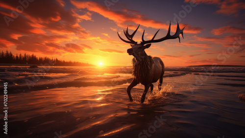 Golden Run: Beautiful Deer and the Sunset