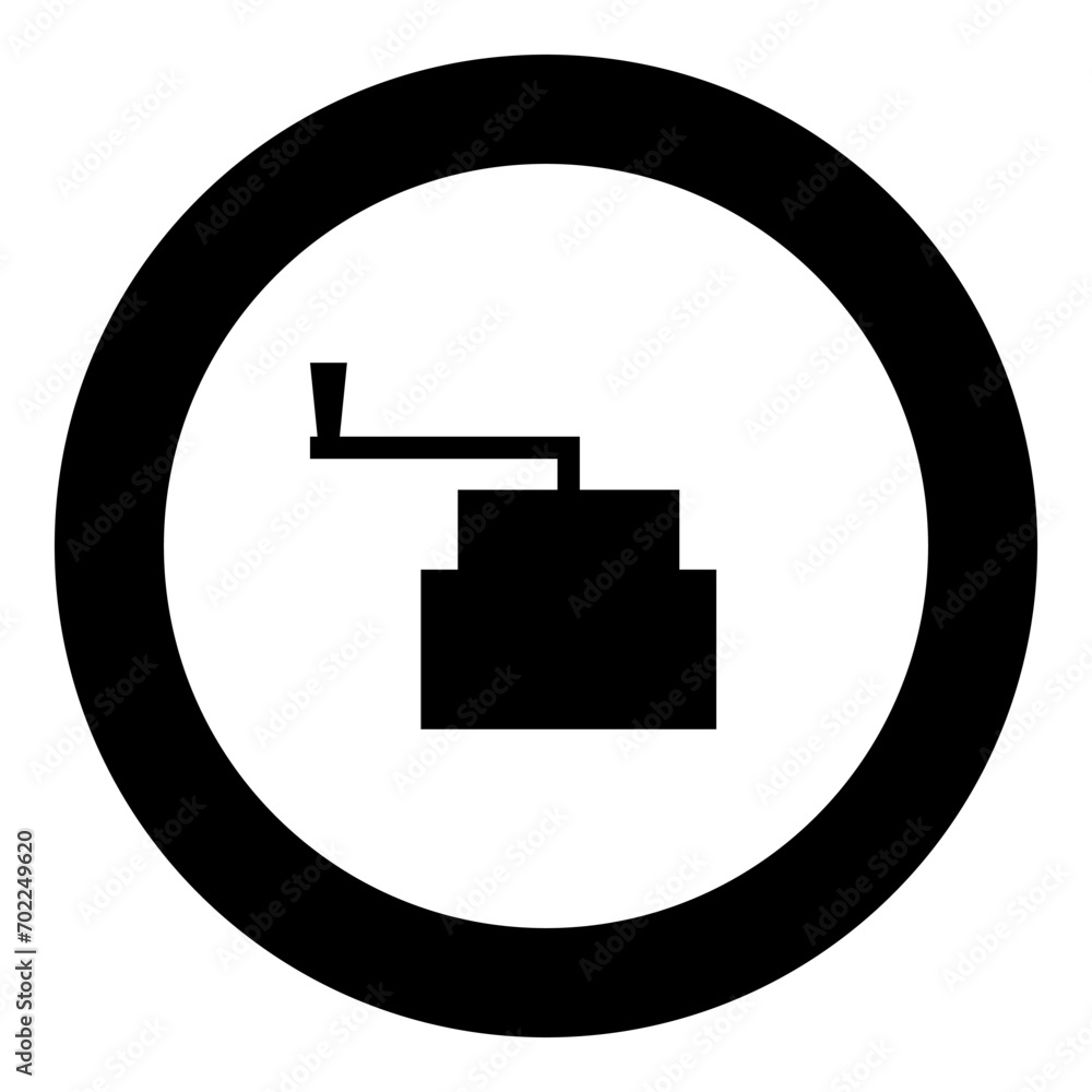 Millstone manual old stone mill flour production grinding grain with handle holder icon in circle round black color vector illustration image solid outline style Millstone manual old stone mill flour production grinding grain with handle holder icon in circle round black color vector illustration image solid outline style