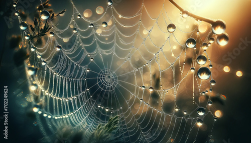 A macro photograph of morning dew delicately perched on a spider's web, with each droplet reflecting the rising sun.