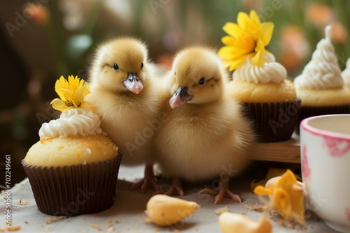 Happy Easter concept ducklings, quail eggs, and cupcakes delightfully displayed © Muhammad Shoaib