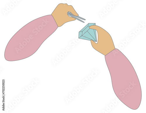 Flat And Outline jeweler hands Holding Tweezers and Big Ruby Gemstone. Red Brilliant icon. Jeweler profession. Jeweler day card. Vector Cartoon illustration isolated on white. Jewelry making concept.