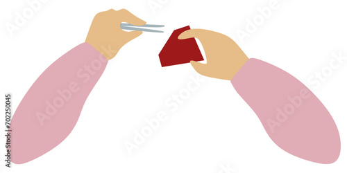 Flat jeweler hands Holding Tweezers and Big Ruby Gemstone. Red Brilliant icon. Jeweler profession. Jeweler day card. Vector Cartoon illustration isolated on white. Jewelry making concept.