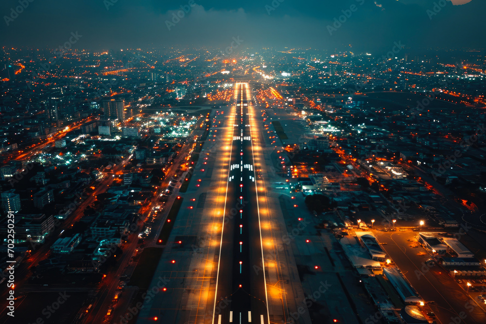 Aerial Night Approach to Airport Runway - obrazy, fototapety, plakaty 