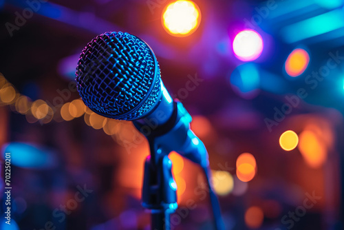 Dynamic Ambiance: Close-Up of a Spotlighted Singing Mic