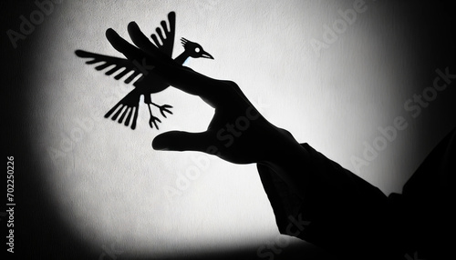 A close-up of a hand casting a shadow puppet of a bird on a wall. photo