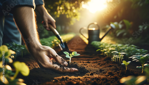 A person's hand is captured in the act of planting a seedling into fertile soil. photo