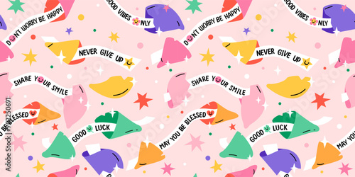Seamless pattern with Positive message fortune cookies. Cute trendy vector illustration. Background with motivation quotes.  photo
