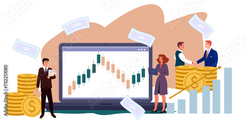 Investment in shares, bonds and stocks. Forex trading. Brokers and traders. Stock market concept. Shareholders getting the income revenue. Miney stacks. Vector.