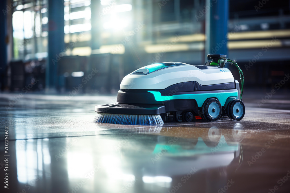 Innovative Floor Care: Robotic Polisher in a Bright Professional Setting Innovative Floor Care: Robotic Polisher in a Bright Professional Setting