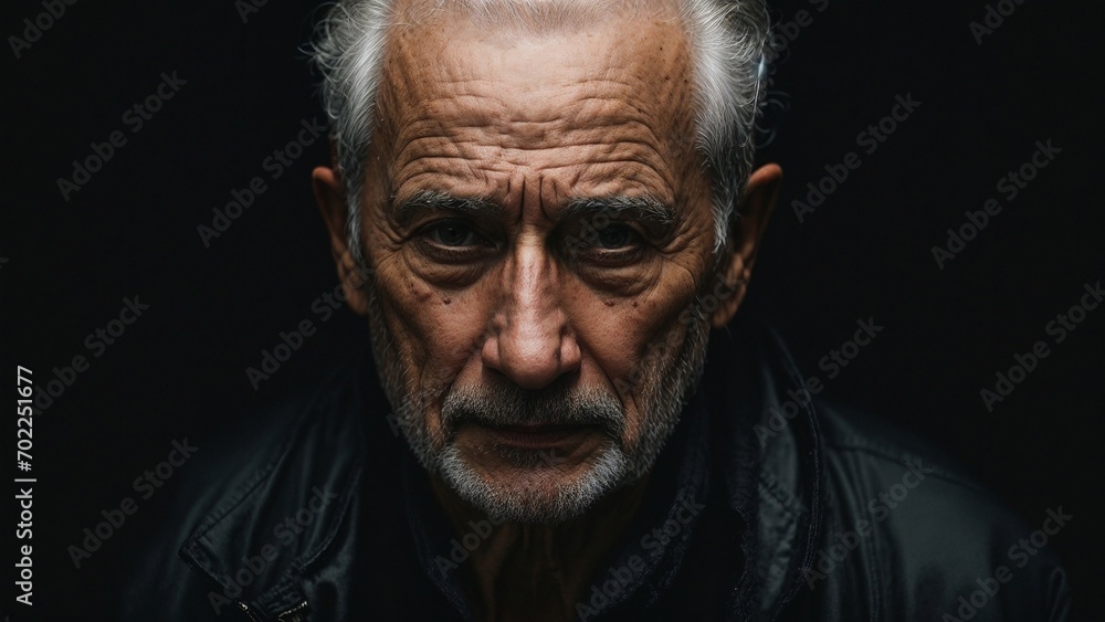 Old man suffocating with loneliness and mental stress in a dark room with a terrifying sad look Old man suffocating with loneliness and mental stress in a dark room with a terrifying sad look