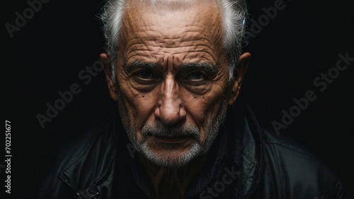 Old man suffocating with loneliness and mental stress in a dark room with a terrifying sad look 