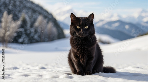 A cat with yellow eyes and black fur sitting alone on a white snow field, looking ahead. winter landscape. Generative Ai