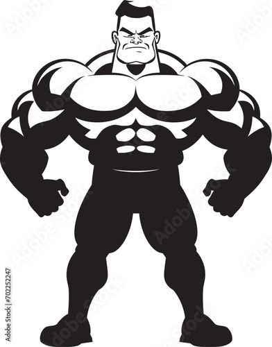 Comic Power Impact Black Logo Icon of Cartoon Bodybuilder in Vector Flex Fusion Artistry Cartoon Caricature Black Bodybuilder Vector Icon