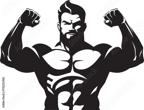 Flex Iconic Fusion Cartoon Caricature Black Bodybuilder Vector Logo Mighty Muscle Masterpiece Vector Black Logo Icon of Caricature Bodybuilder